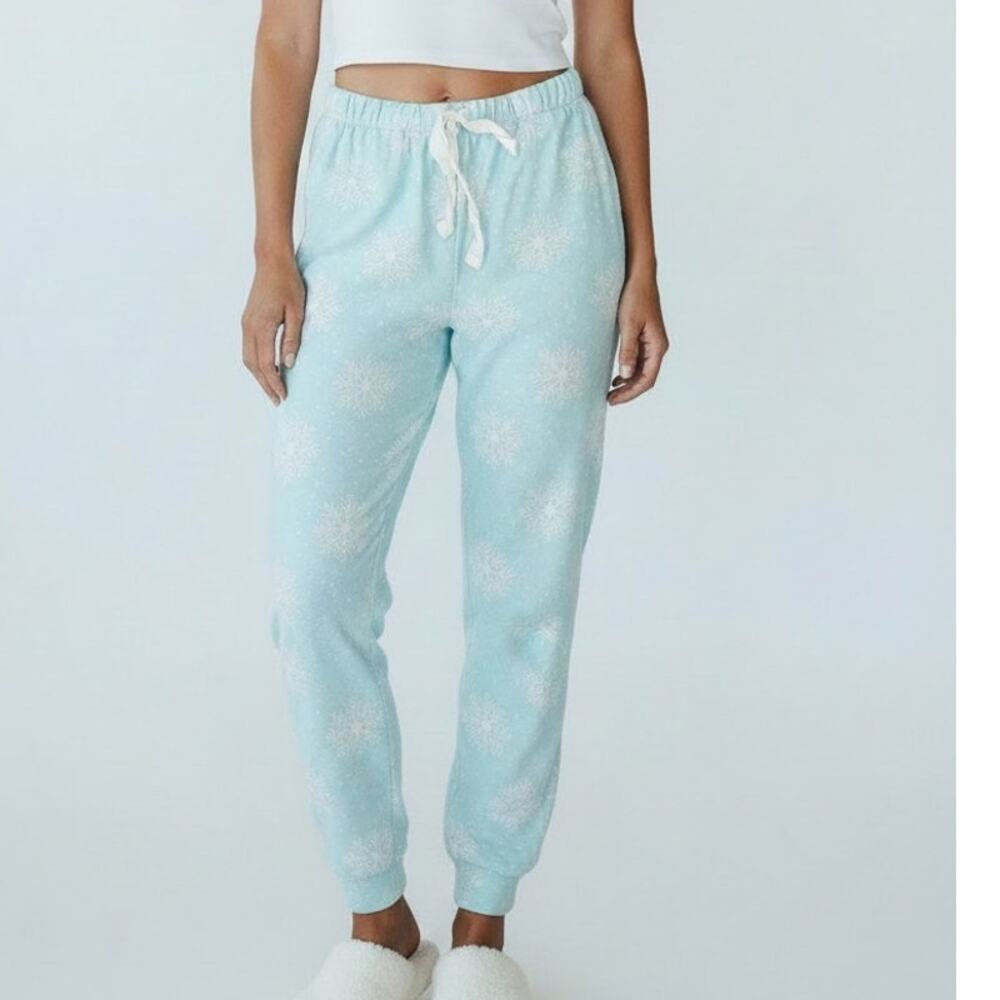 Rene Rofe Blue Snowflake Print Cozy Jogger Pajama Bottoms Women's Size S NWT